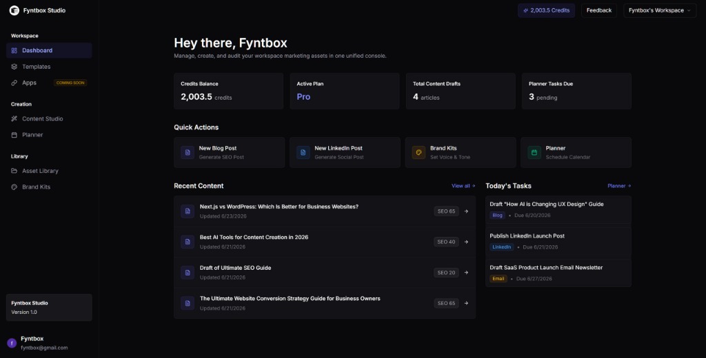 Fyntbox Studio Dashboard